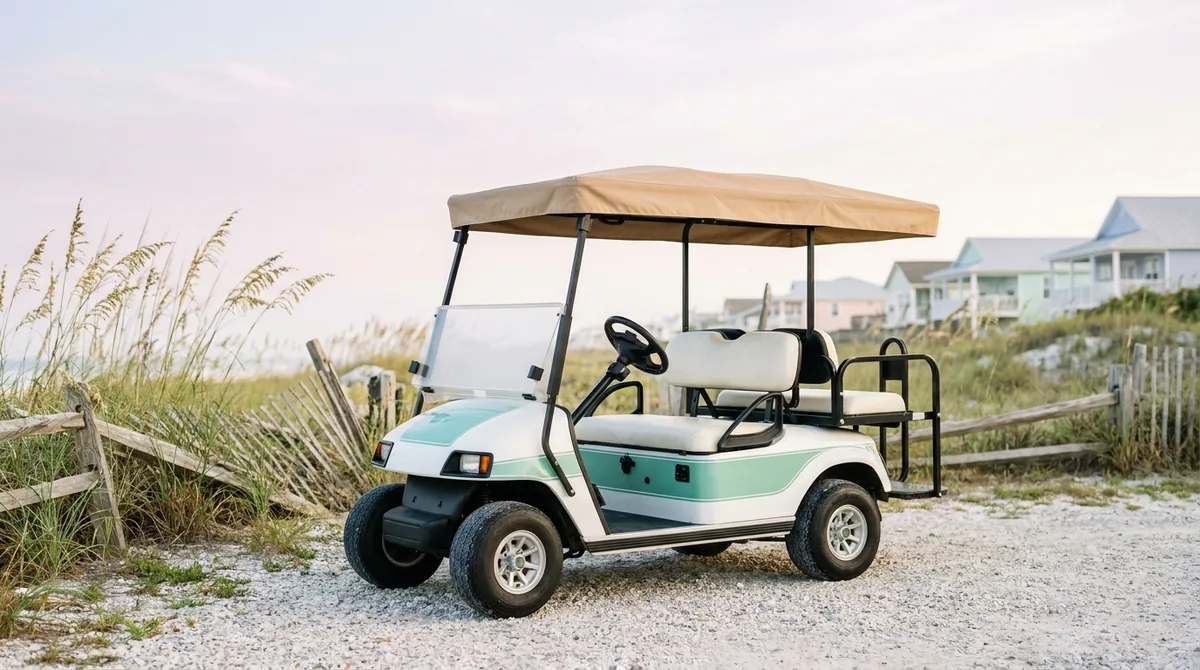 Four seat electric golf cart with tan canopy