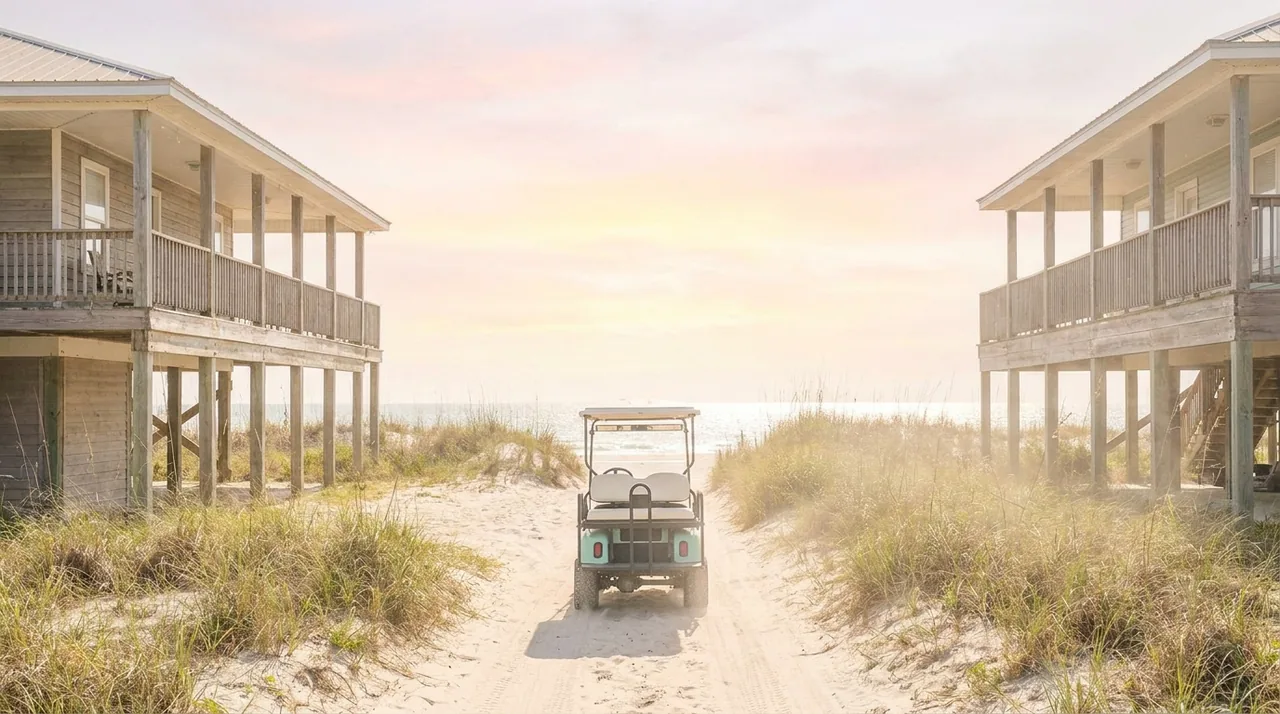 Golf cart heading toward the gulf between beach houses