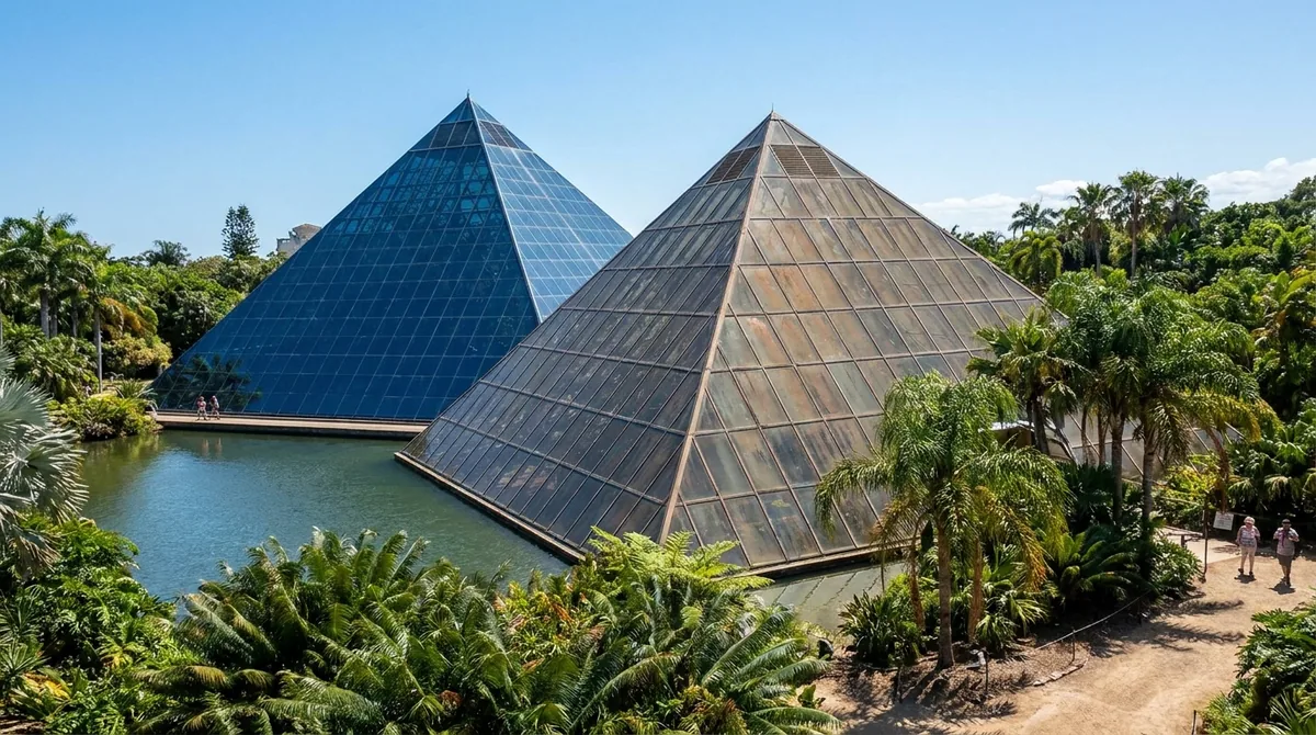 Glass pyramids of Moody Gardens beside a lagoon