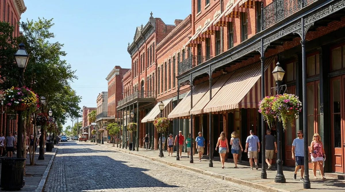 Victorian storefronts with iron columns in downtown Galveston
